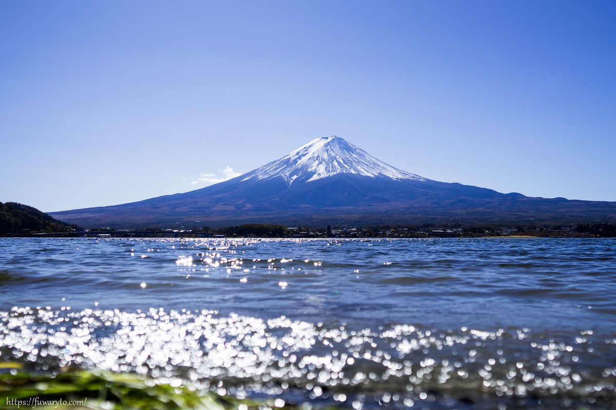 河口湖畔より富士山を望む