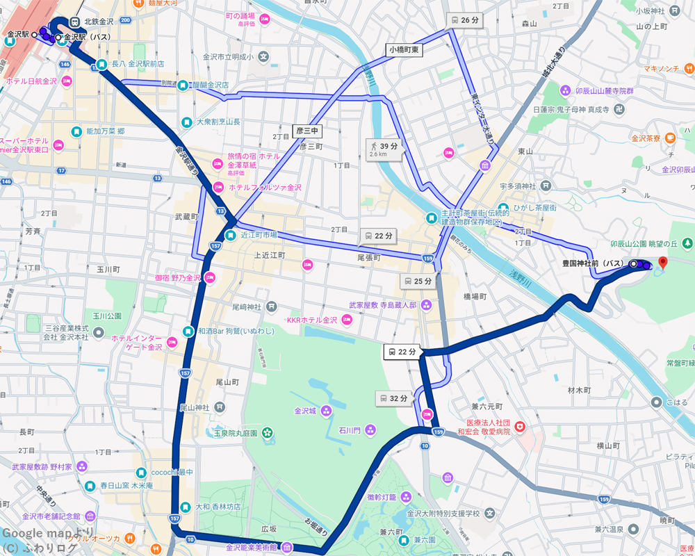 金沢駅→豊国神社前のルート